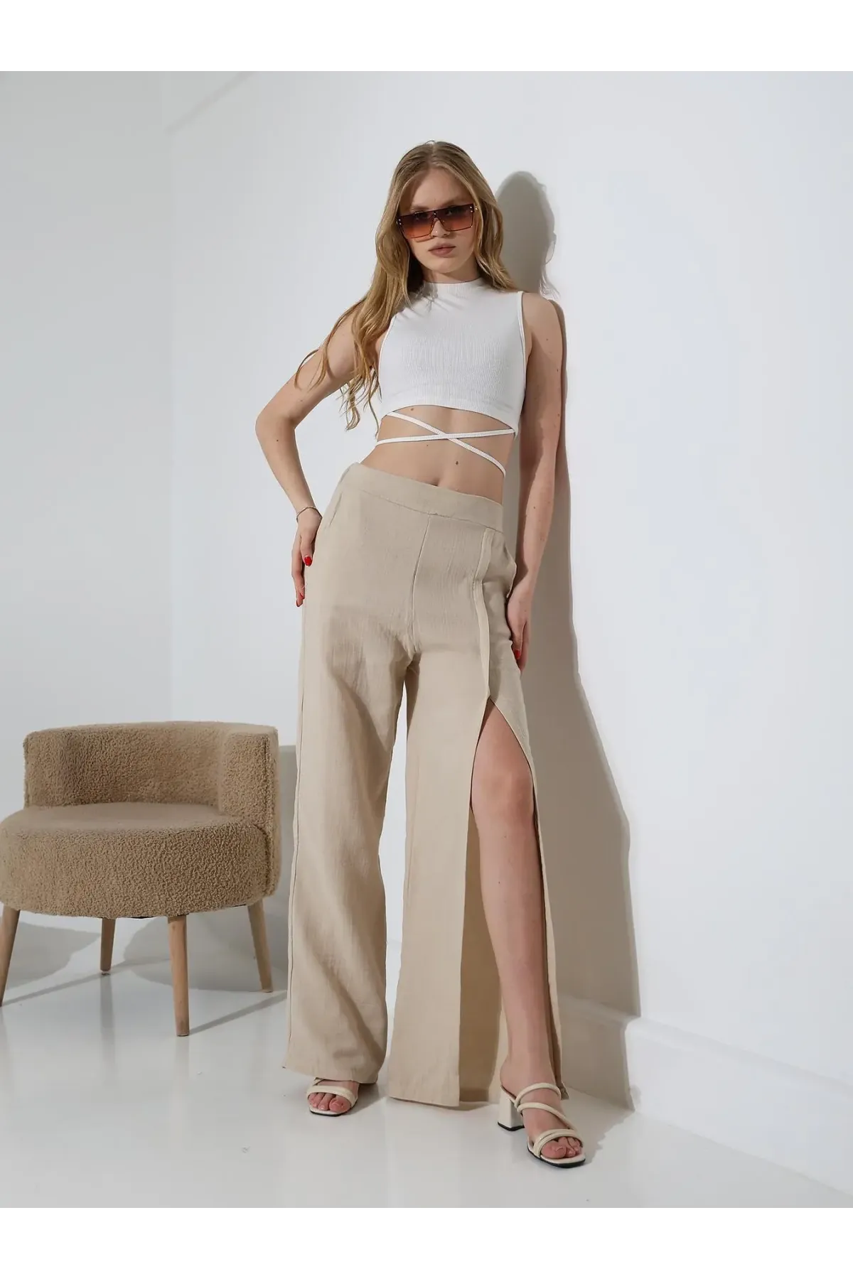 Yırtmaçlı Müslin Pantalon Bej-dsbpnt1002-bj