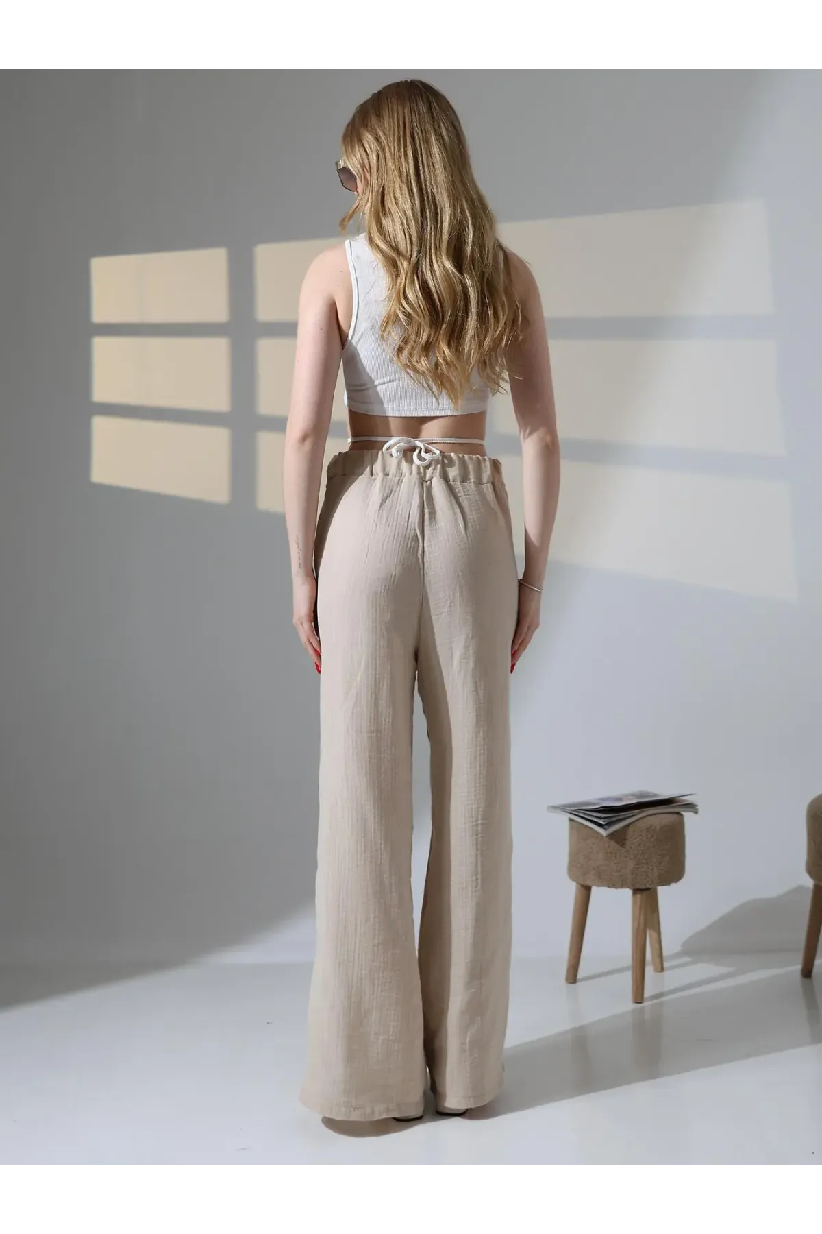 Yırtmaçlı Müslin Pantalon Bej-dsbpnt1002-bj