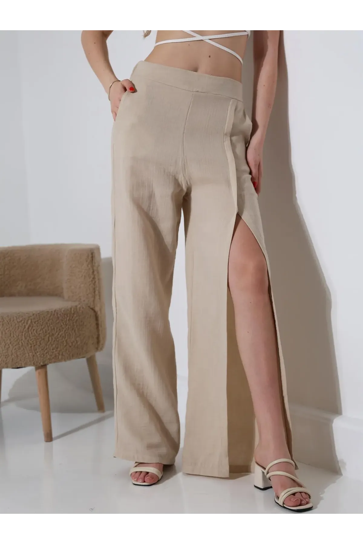 Yırtmaçlı Müslin Pantalon Bej-dsbpnt1002-bj