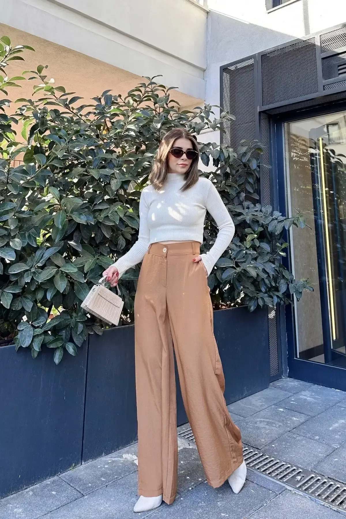 Yüksek Bel Bol Paça Pantalon-3427Camel