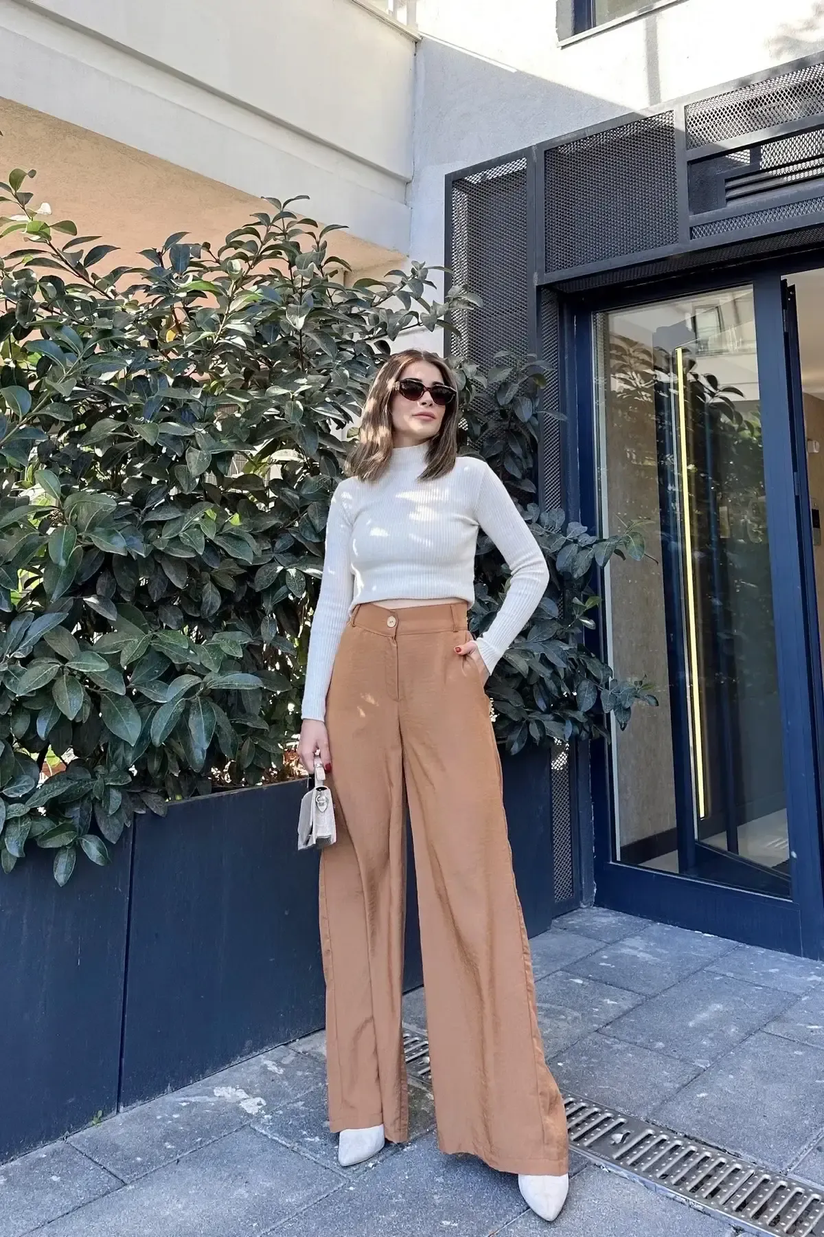 Yüksek Bel Bol Paça Pantalon-3427Camel