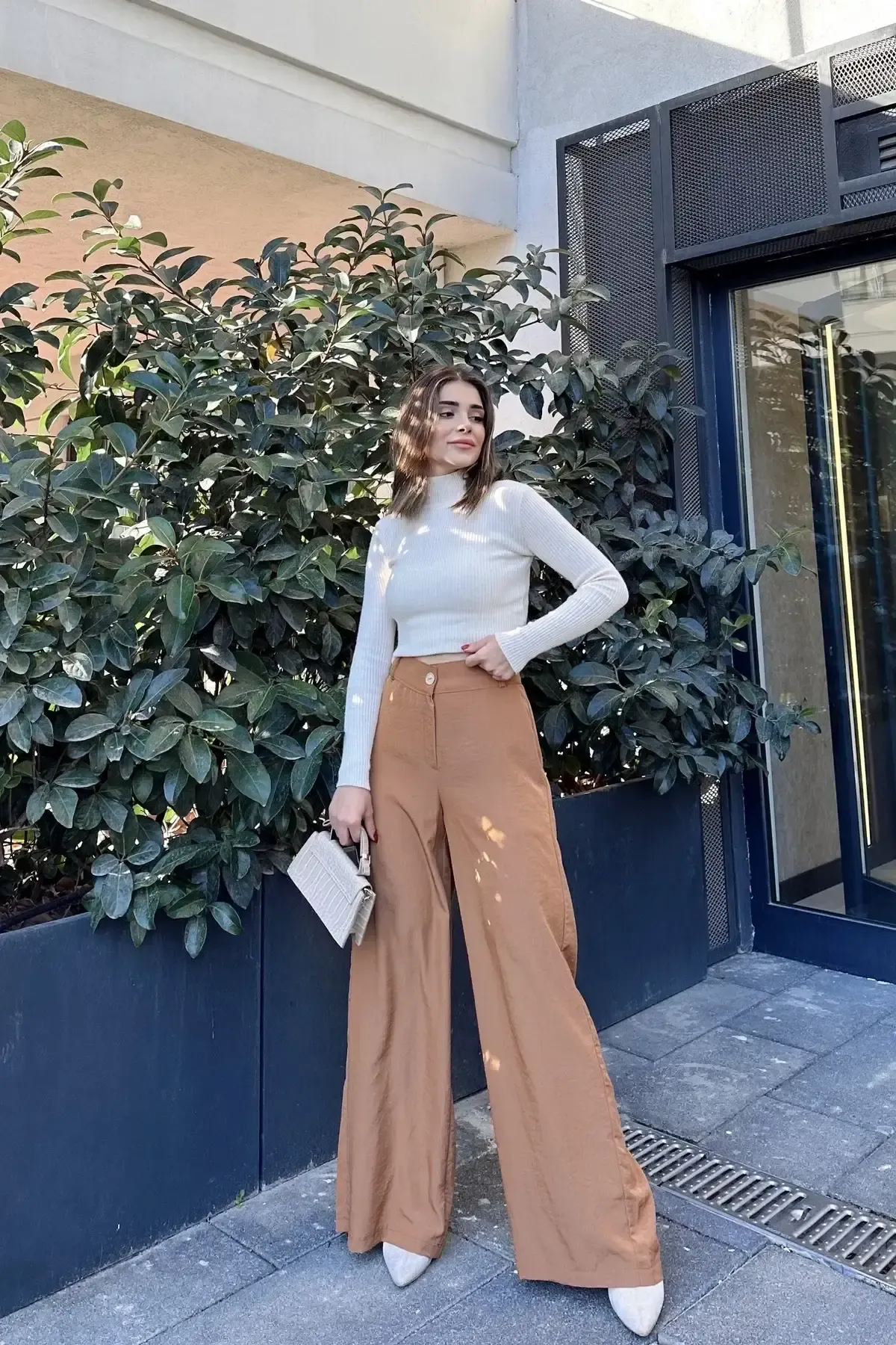 Yüksek Bel Bol Paça Pantalon-3427Camel