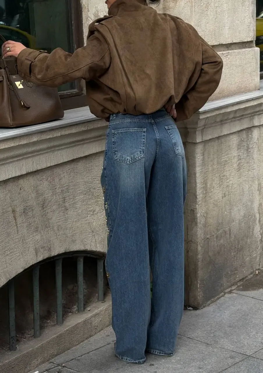 Yüksek Bel Taş İşlemeli Çiçek Desenli Bol Paça Jean Pantolon