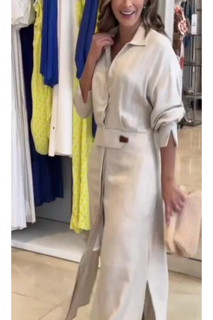 Keten Kumaş Cepli Maxi Elbise