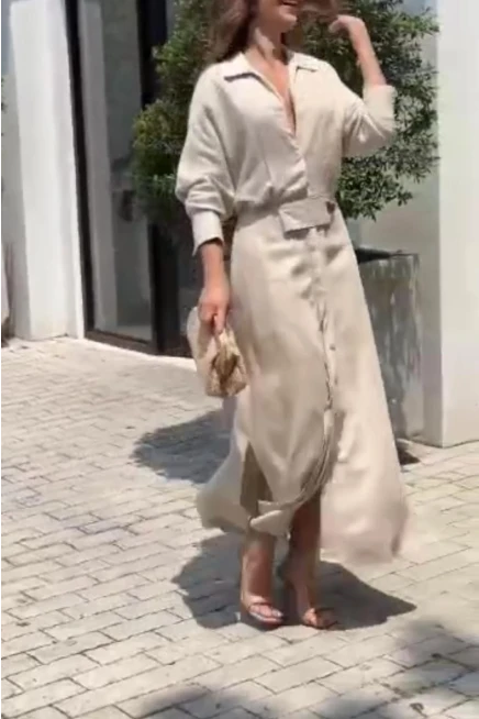 Keten Kumaş Cepli Maxi Elbise