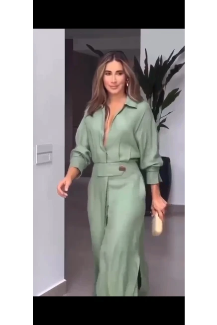 Keten Kumaş Cepli Maxi Elbise
