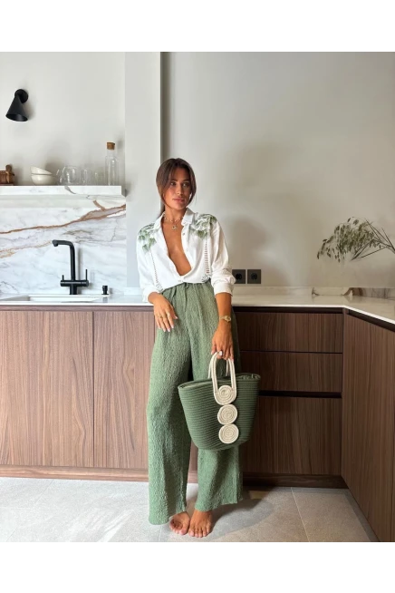 Ağaç Kabuğu  Pantolon Keten Nakış Detaylı Gömlek İkili takım