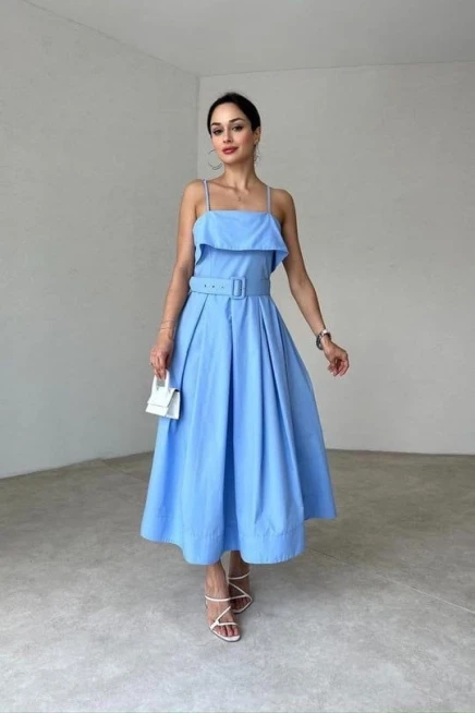 Beli Kemerli Pileli Elbise