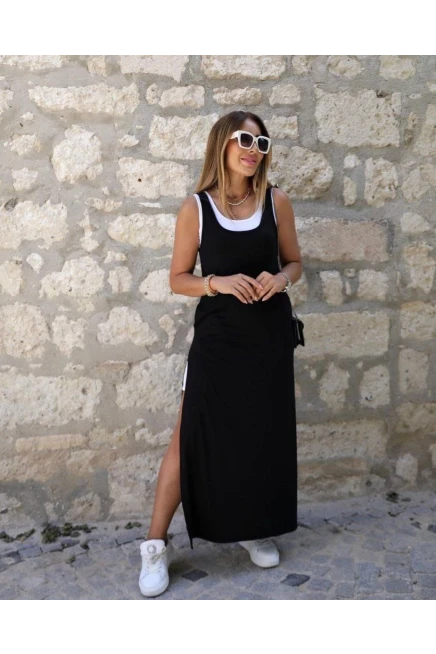 Cepli Yırtmaç Detaylı Viskon Elbise Ve Atlet İkili Takım