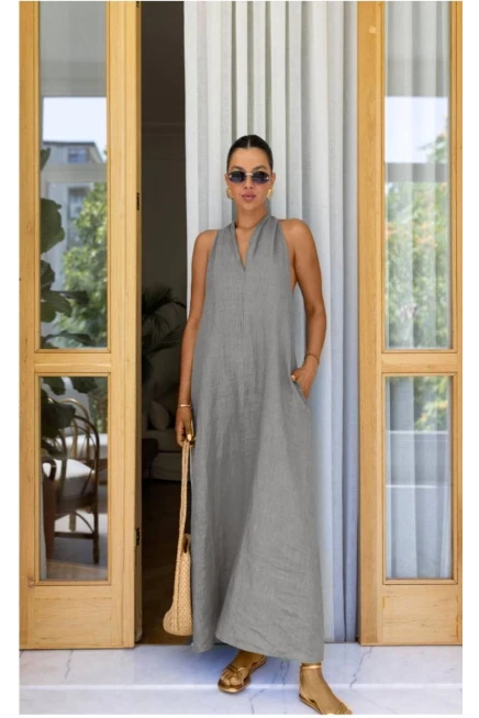 Dabıl Atlas Kumaş Cep Ve sırt Detaylı Elbise