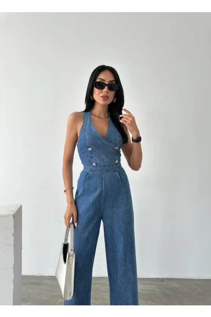 Denim Tasarım Düğme  Aksesuarlı Tulum