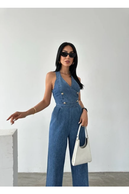 Denim Tasarım Düğme  Aksesuarlı Tulum