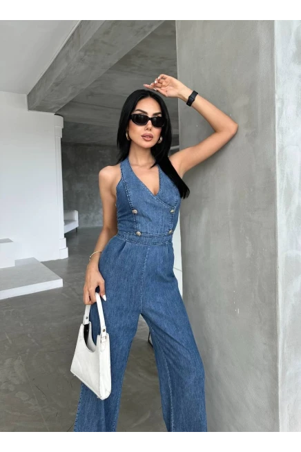 Denim Tasarım Düğme  Aksesuarlı Tulum