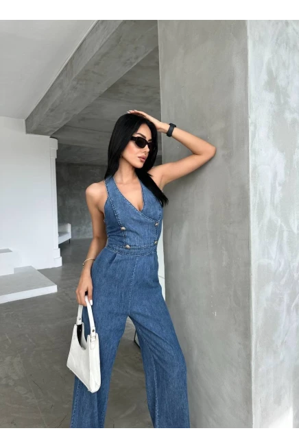 Denim Tasarım Düğme  Aksesuarlı Tulum