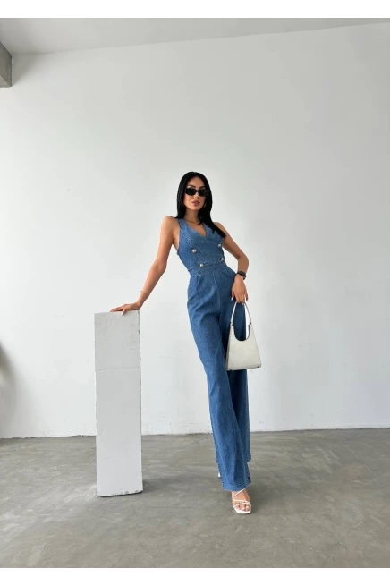 Denim Tasarım Düğme  Aksesuarlı Tulum