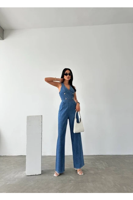 Denim Tasarım Düğme  Aksesuarlı Tulum