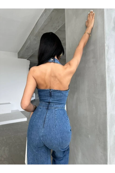 Denim Tasarım Düğme  Aksesuarlı Tulum