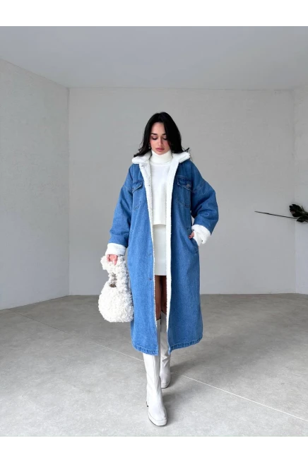 Denim Yıkamalı İçi Peluş Kaban