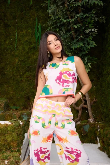 Desen 2li Crop Pantolon Takım İthal Poplin Kumaş