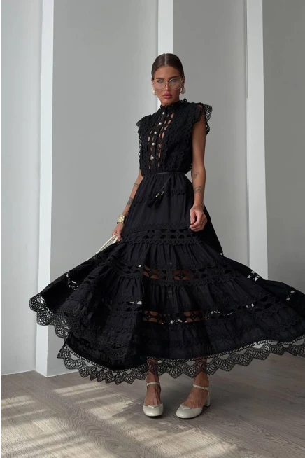 Fransız İşleme Detaylı Maxi  Elbise (Kemer Dahildir)