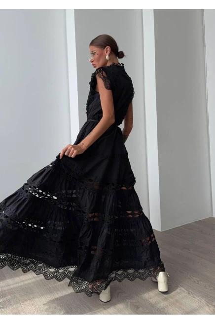 Fransız İşleme Detaylı Maxi  Elbise (Kemer Dahildir)