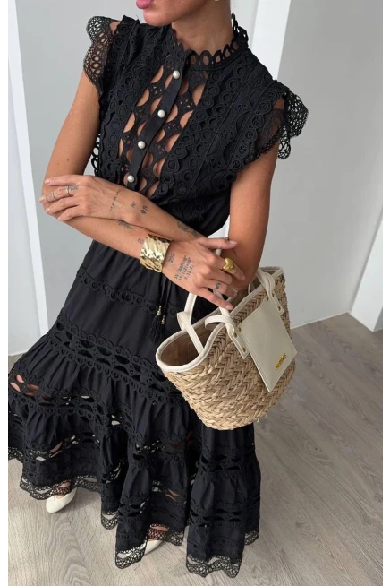 Fransız İşleme Detaylı Maxi  Elbise (Kemer Dahildir)