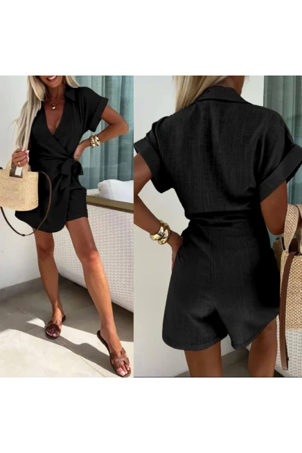 İthal Sofia Keten Kumaş Gizli Fermuar Detaylı Mini Tulum