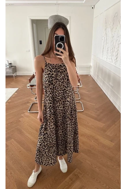 Leopr Desen İnce Askılı Elbise
