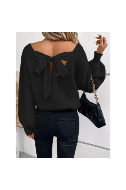 Sırtı Kurdelalı V-Yaka Triko