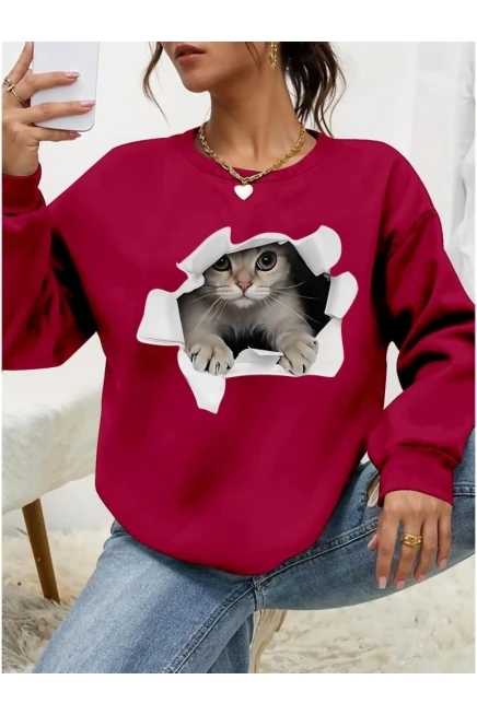 Uzun Kollu Bisiklet Yaka Kedi Desenli Viskon İki İplik Bluz