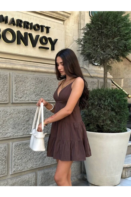 Arkası Bağlama Askılı Keten Elbise Kahve