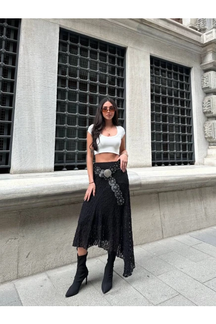 Asimetrik Kesim Astarlı Etek Siyah