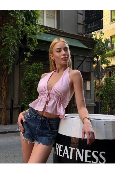 Boyundan Bağlamalı Sırtı Açık Keten Bluz