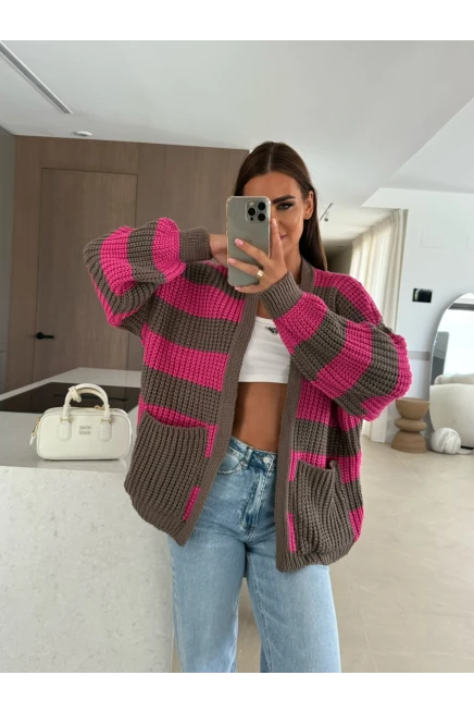 Cepli Çizgili Desen Triko Hırka Pembe