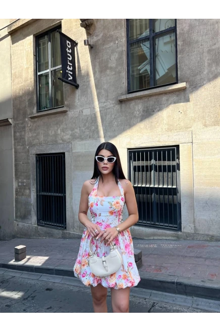 Çiçek Desenli Balon Mini Elbise