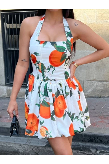 Desenli Balon Mini Elbise