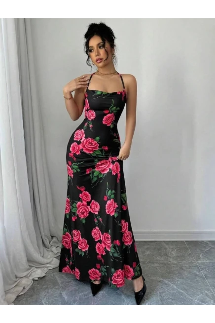 Dijital Baskı Sırt Detay Full Likra Maxi Elbise