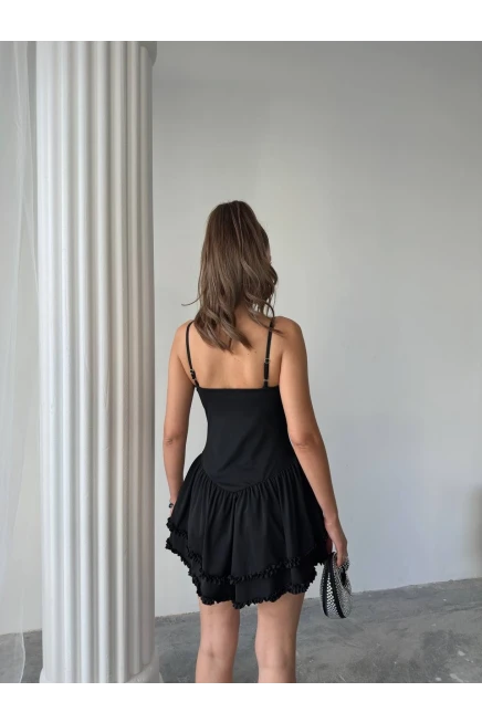 Gloplu Fırfır Detay Mini Elbise Siyah