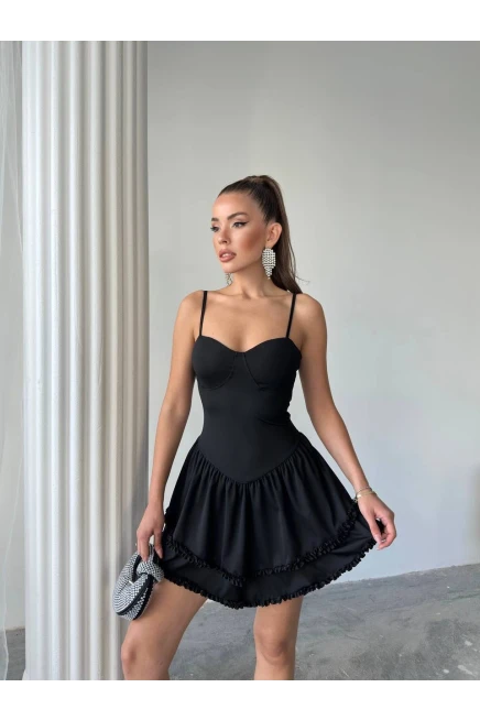 Gloplu Fırfır Detay Mini Elbise Siyah