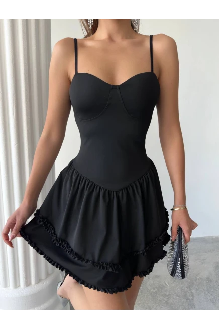 Gloplu Fırfır Detay Mini Elbise Siyah