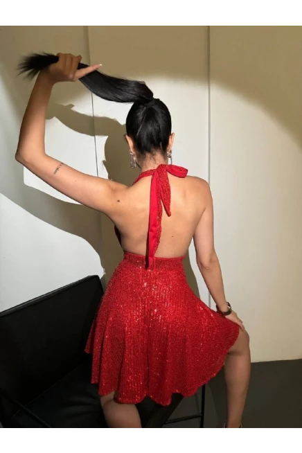 Halter Yaka Payet Kırmızı Elbise