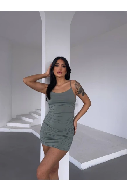 İnce Askılı Sandy Büzgülü Elbise Yeşil