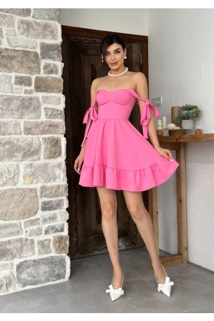 İp Askılı Bağlamalı Atlas Elbise Pembe