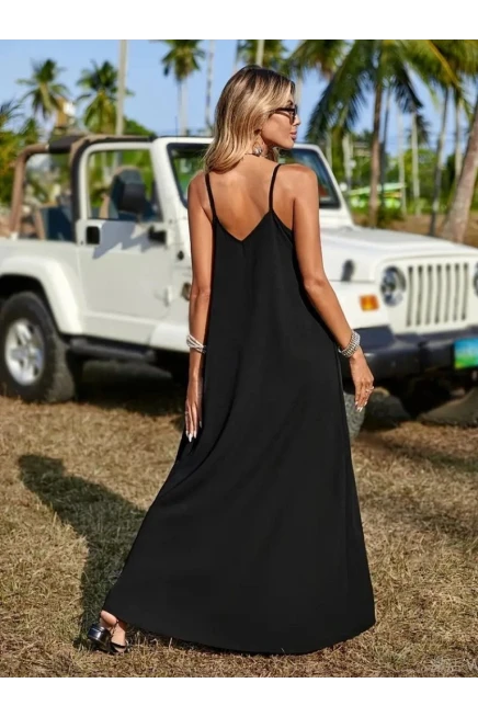 Askılı V Yakalı Etnik Şerit Detaylı Uzun Viskon Elbise