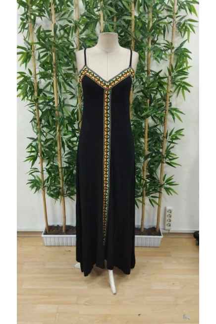 Askılı V Yakalı Etnik Şerit Detaylı Uzun Viskon Elbise