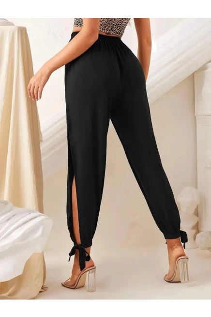 Beli Lastikli Yırtmaç Detaylı Bilekten Bağcıklı Viskon Pantolon