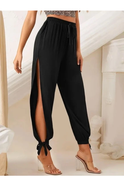 Beli Lastikli Yırtmaç Detaylı Bilekten Bağcıklı Viskon Pantolon
