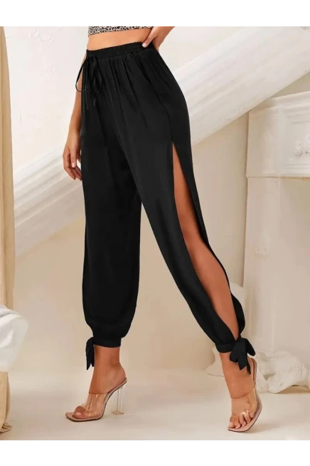 Beli Lastikli Yırtmaç Detaylı Bilekten Bağcıklı Viskon Pantolon