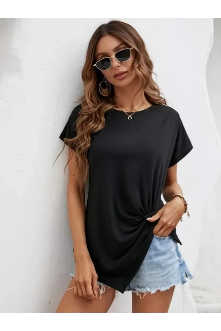 Kısa Kollu Asimetrik Kesim Bel Büzgü Düğüm Detay Viskon Bluz