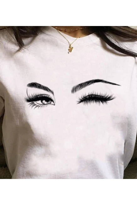 Kadın Kısa Kollu Bisiklet Yaka Göz Baskılı Süprem T-shirt